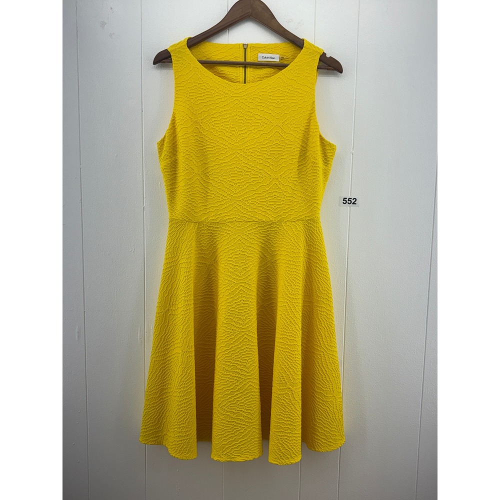 Calvin Klein Yellow Textured Fit and Flare Dress Back Cutout Size 10